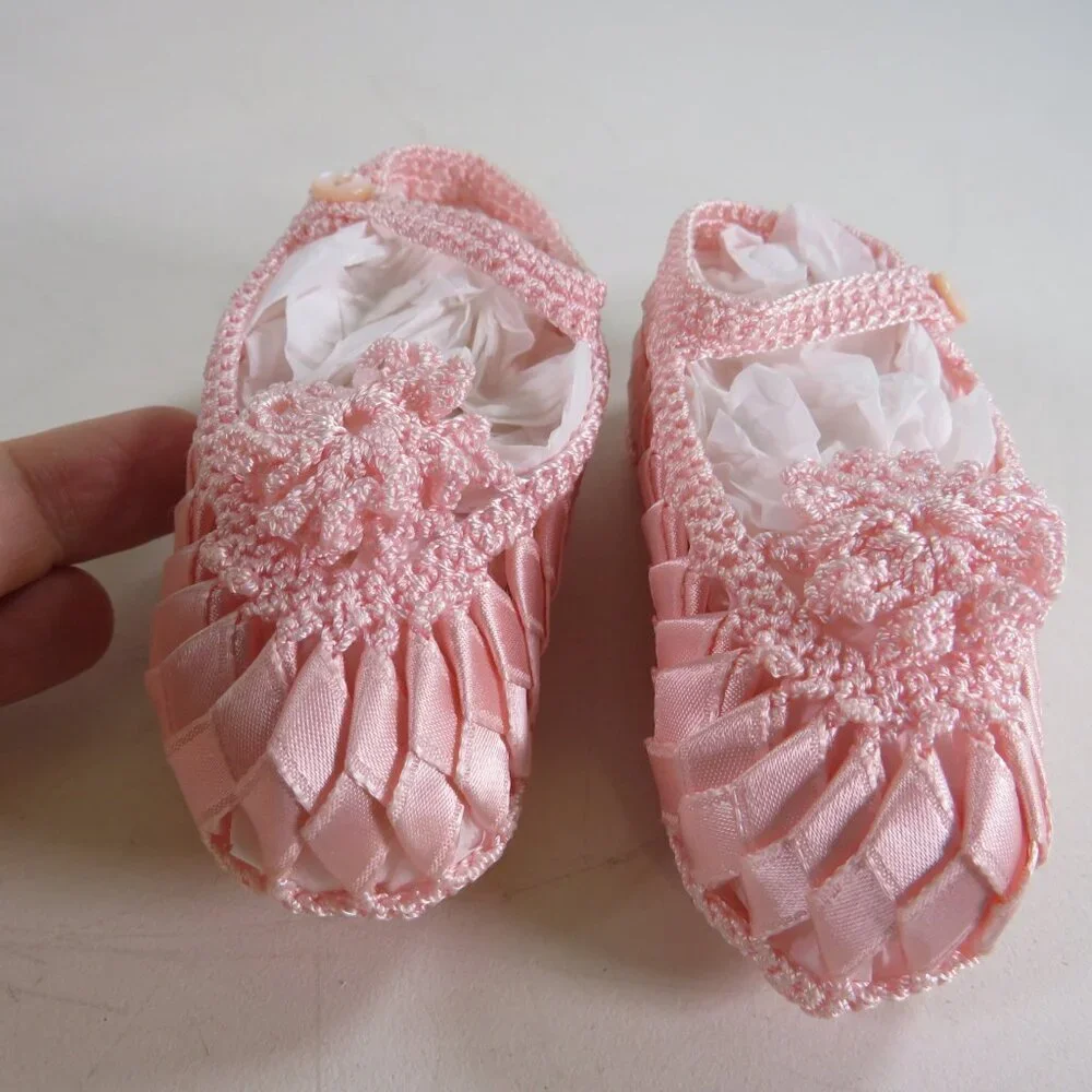 Baby Pink Ribbon Embroidered & Crocheted Shoes Newborn 3 3/4